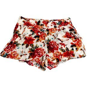 Kirra Floral Boho Shorts size S Cottagecore Flowy Pockets Roses Orange White